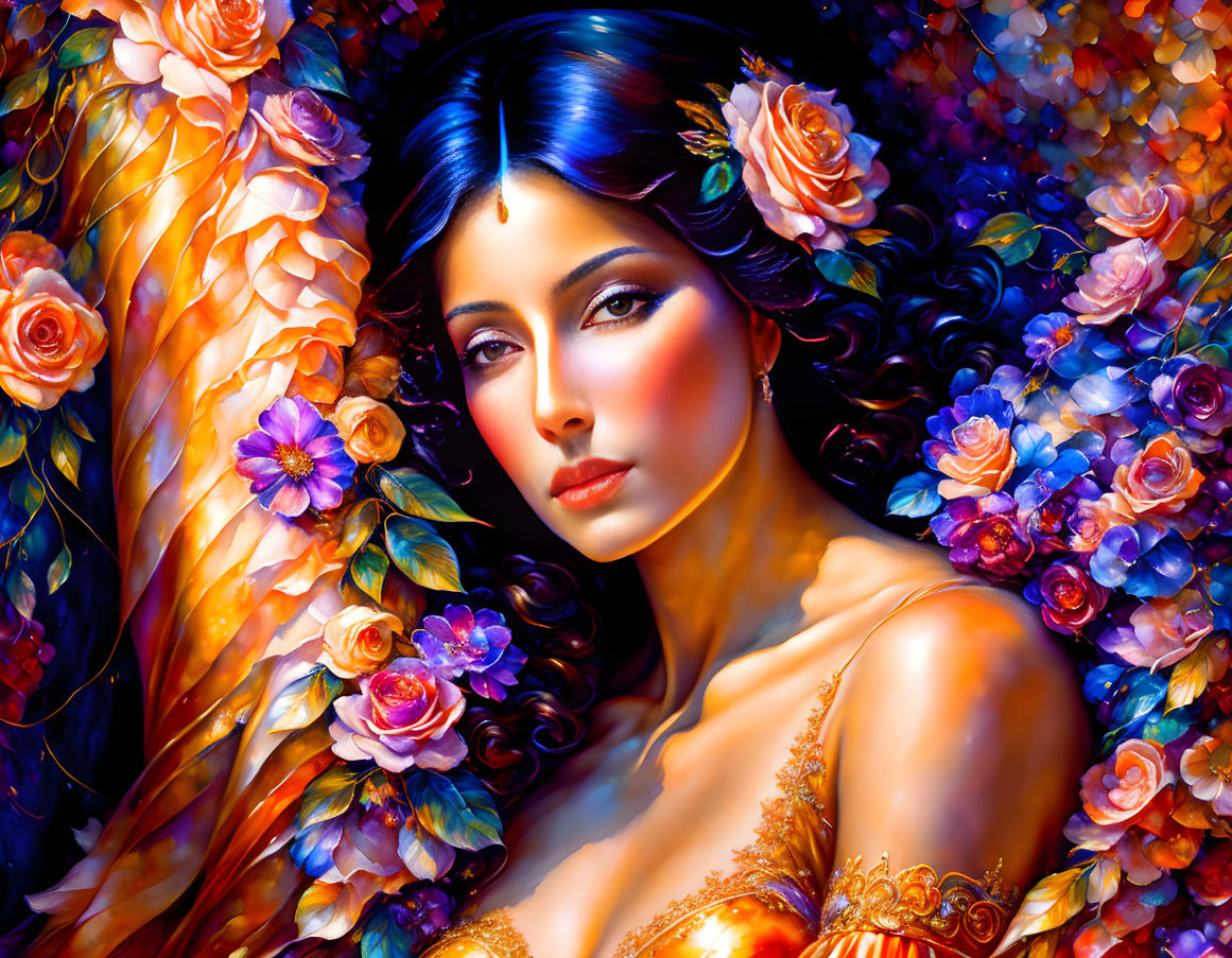 Colorful painting of woman with blue hair and flowers in vibrant display