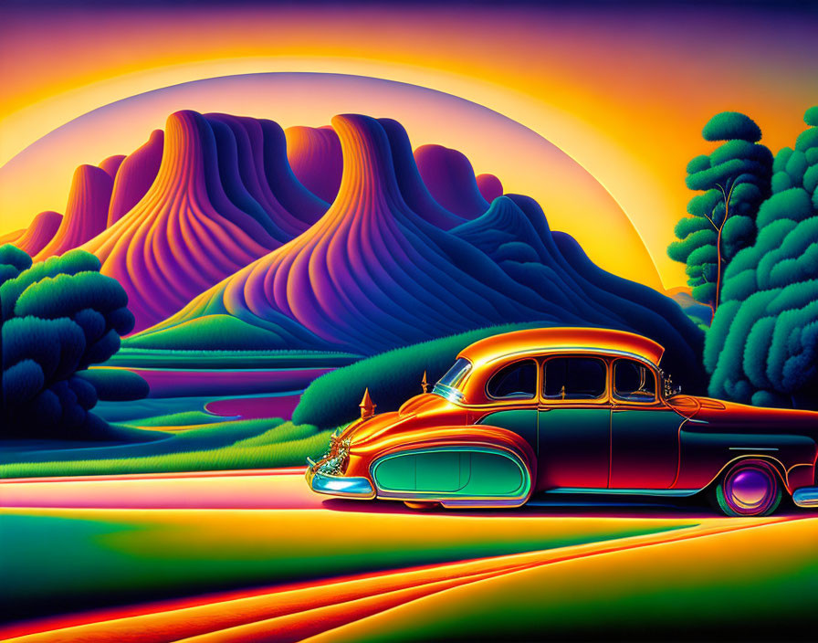 Colorful landscape with purple hills, orange sky, green trees, and vintage car.