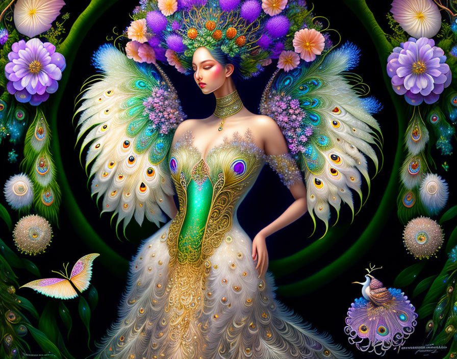 Detailed peacock-themed dress and headdress on woman in fantastical illustration