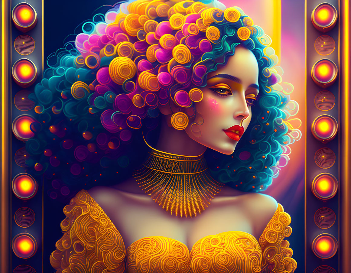 Vibrant digital artwork: Woman with multicolored curly hair in gold attire