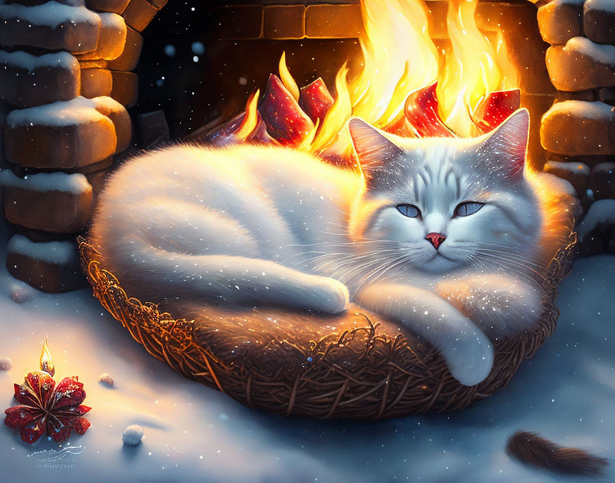 White cat relaxing by fireplace in snowy weather