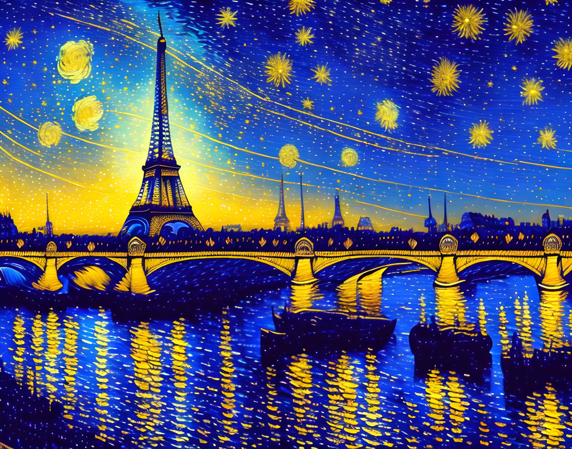 Digital art merging Starry Night with Parisian landscape: Eiffel Tower and Seine River.