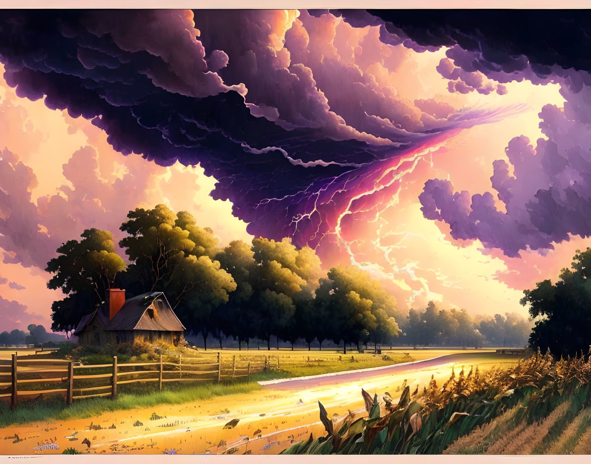 Rural landscape with small house, thunderstorm clouds, and lightning strike