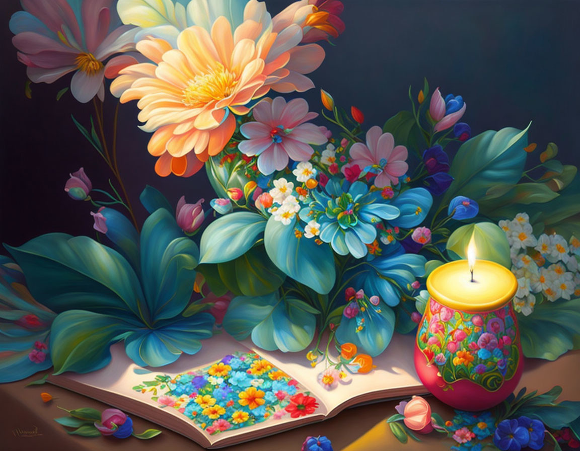 Colorful Still-Life Painting with Open Book, Flowers, and Candle