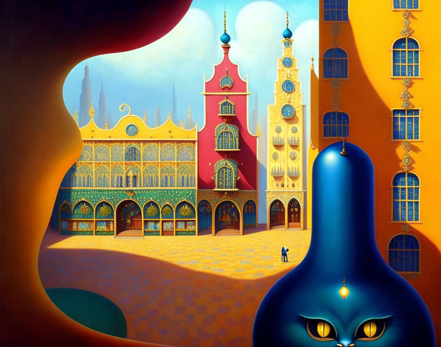 Colorful Surreal Painting with Fantastical Architecture and Blue Cat Figure