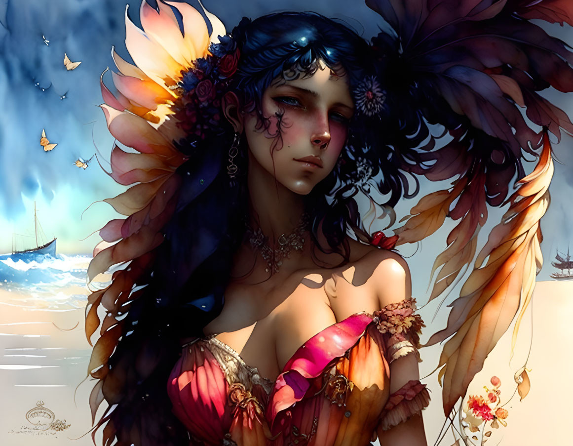 Mystical woman with colorful wings and jewelry on beach with ships