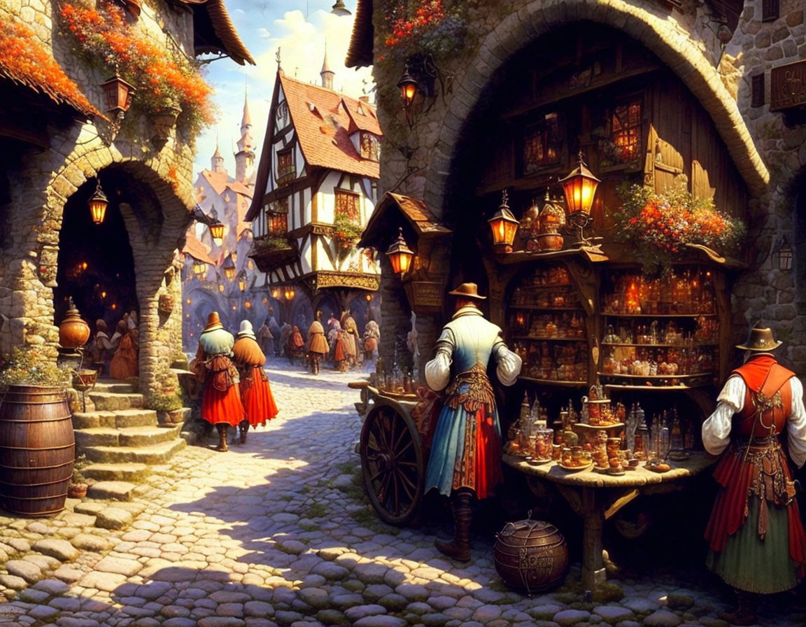 Medieval market scene with townsfolk, cobblestone streets, stone buildings, and sunny sky