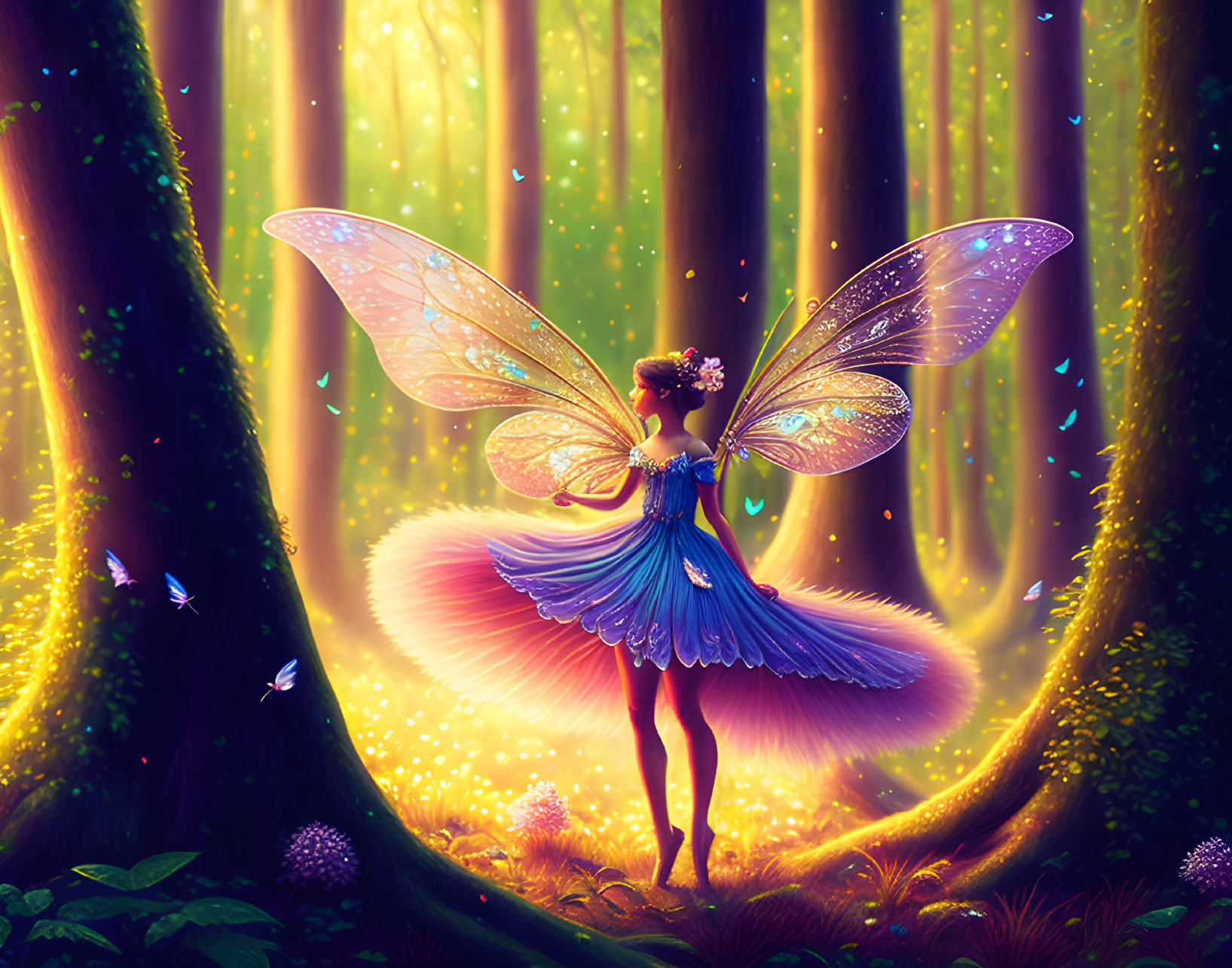 Enchanting fairy with translucent wings in vibrant forest