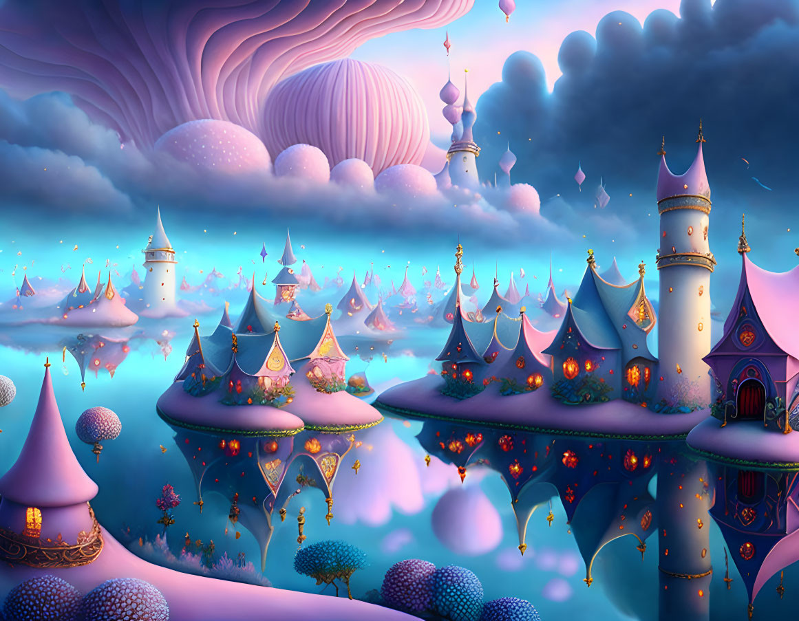 Fantasy landscape with purple hues, castles, floating islands, and dreamy sky