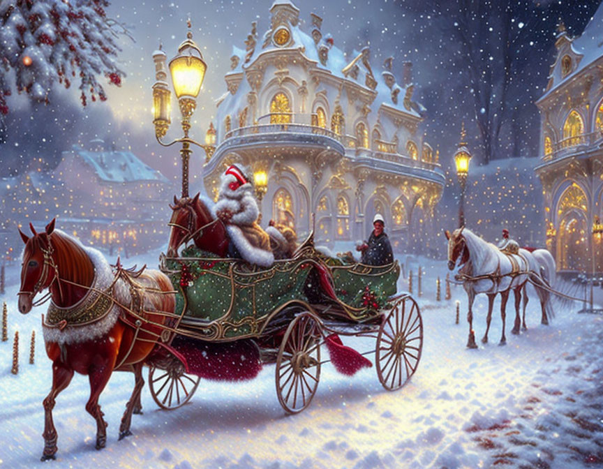 Santa Claus in horse-drawn sleigh passing illuminated building on snowy evening