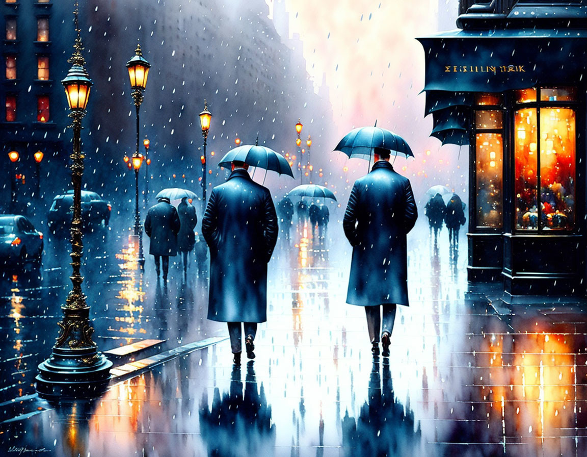 Night scene: Two people with umbrellas on rain-soaked street