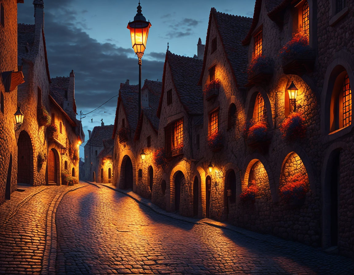 Cobblestone Street at Dusk with Warm Street Lamp Lighting