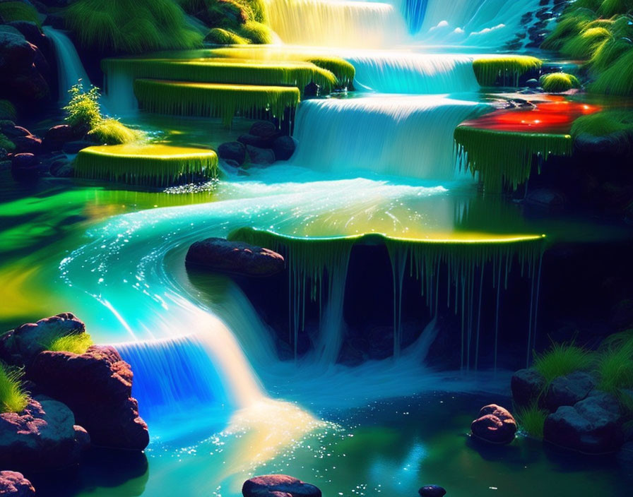 Ethereal neon-lit waterfalls on mossy tiers among rocks