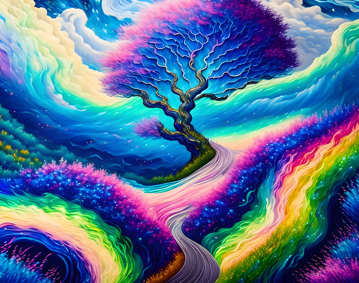 Colorful Psychedelic Artwork: Solitary Tree with Swirling Pathway