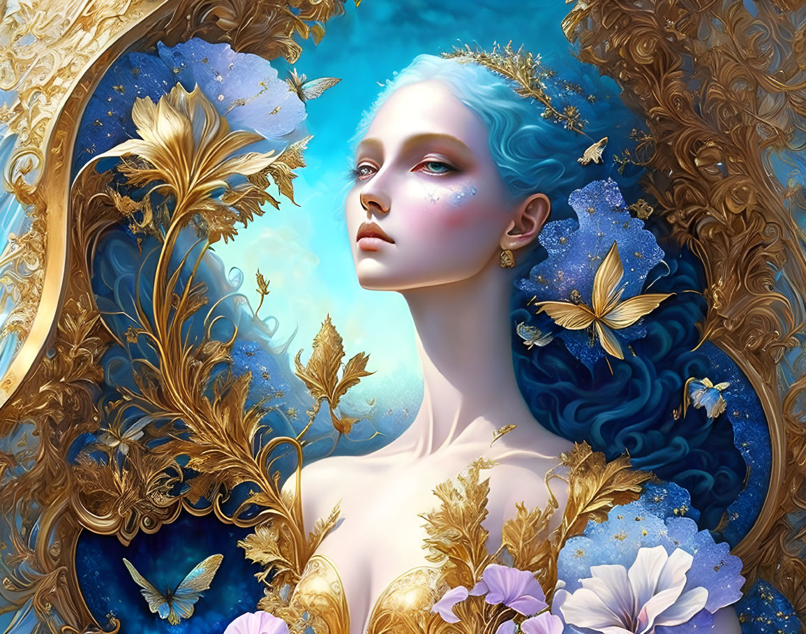 Ethereal fantasy art: Woman with blue hair and skin, surrounded by golden floral patterns, butterflies