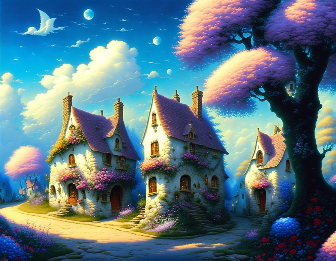 Whimsical cottages in vibrant fantasy landscape