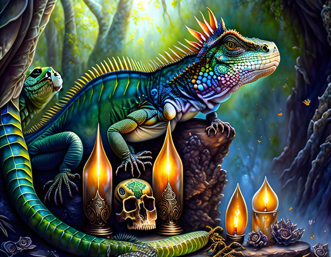 Colorful Artwork: Majestic iguana with candle-lit skulls in mystical forest.