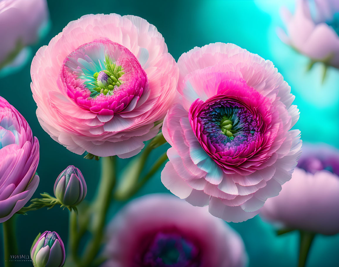 Vivid Pink Ranunculus Flowers Against Blurred Floral Background