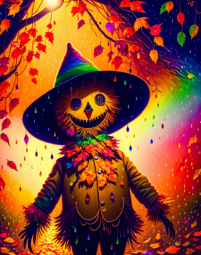 Colorful Autumnal Scene: Smiling scarecrow under vibrant tree