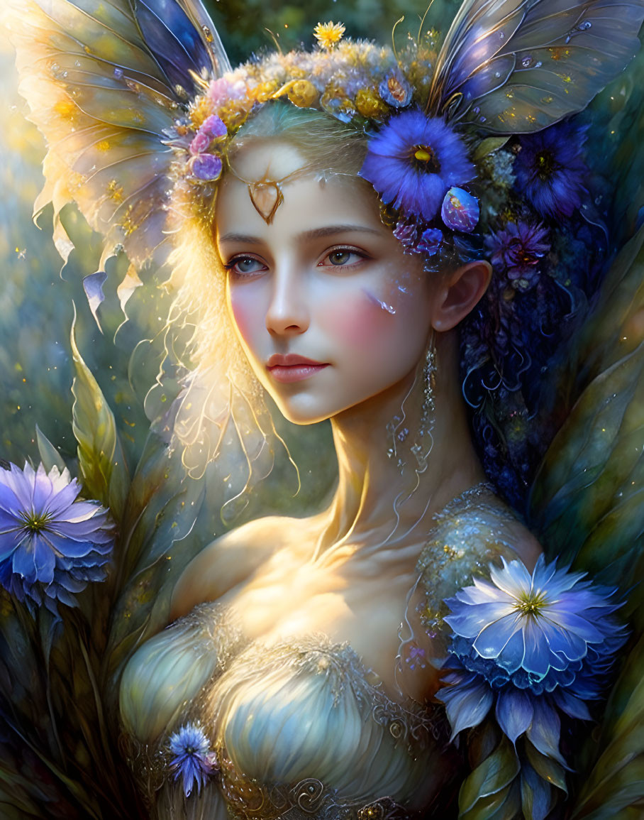 Fantastical portrait of female figure with butterfly wings and blooming flowers.