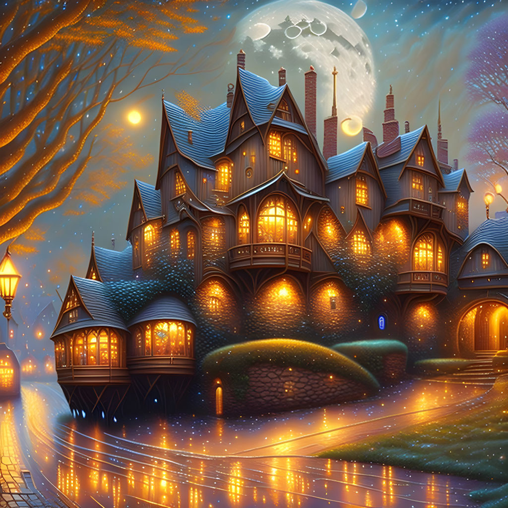 Fantasy house illustration with glowing windows under moonlit sky