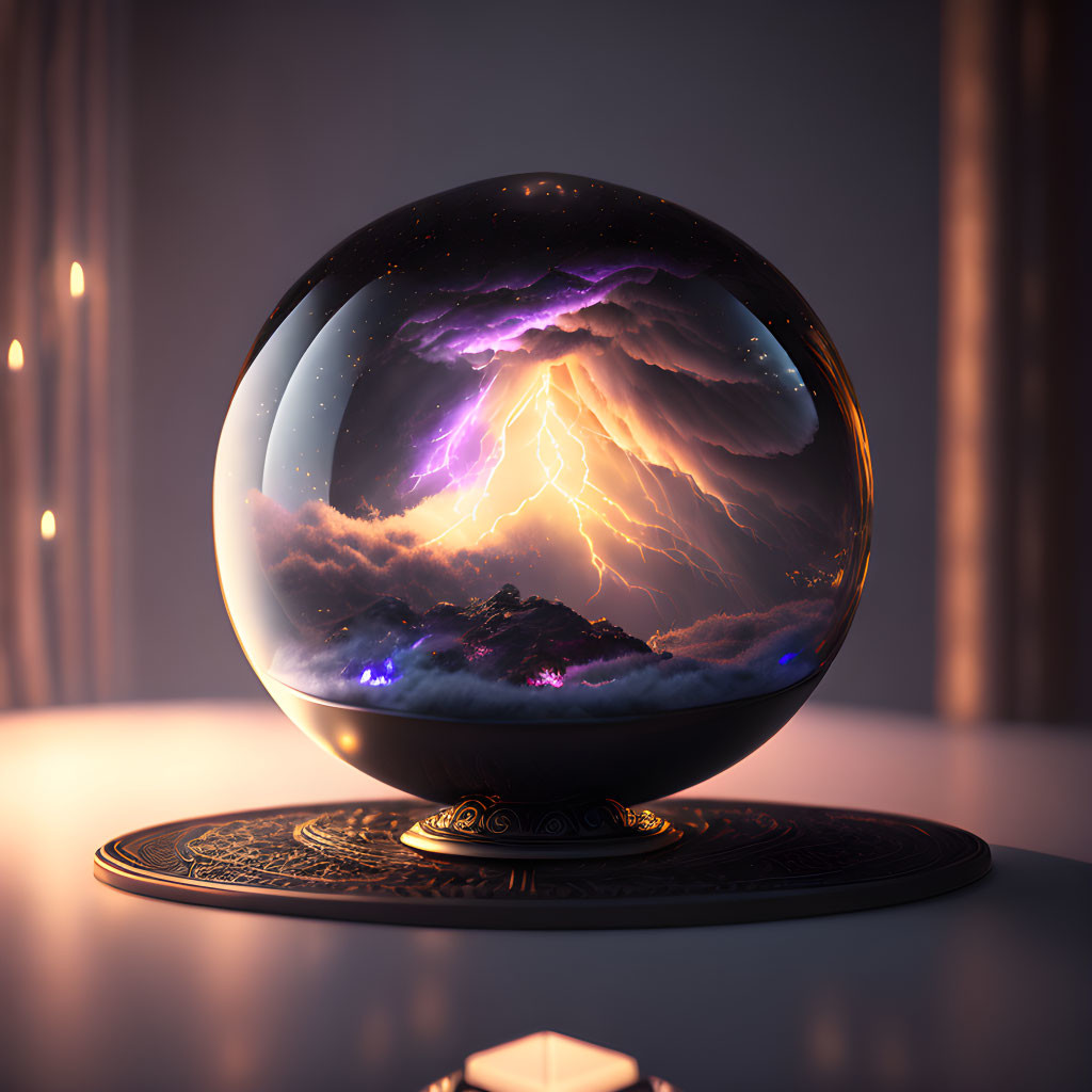 Crystal ball on stand shows vivid storm with lightning in warm room