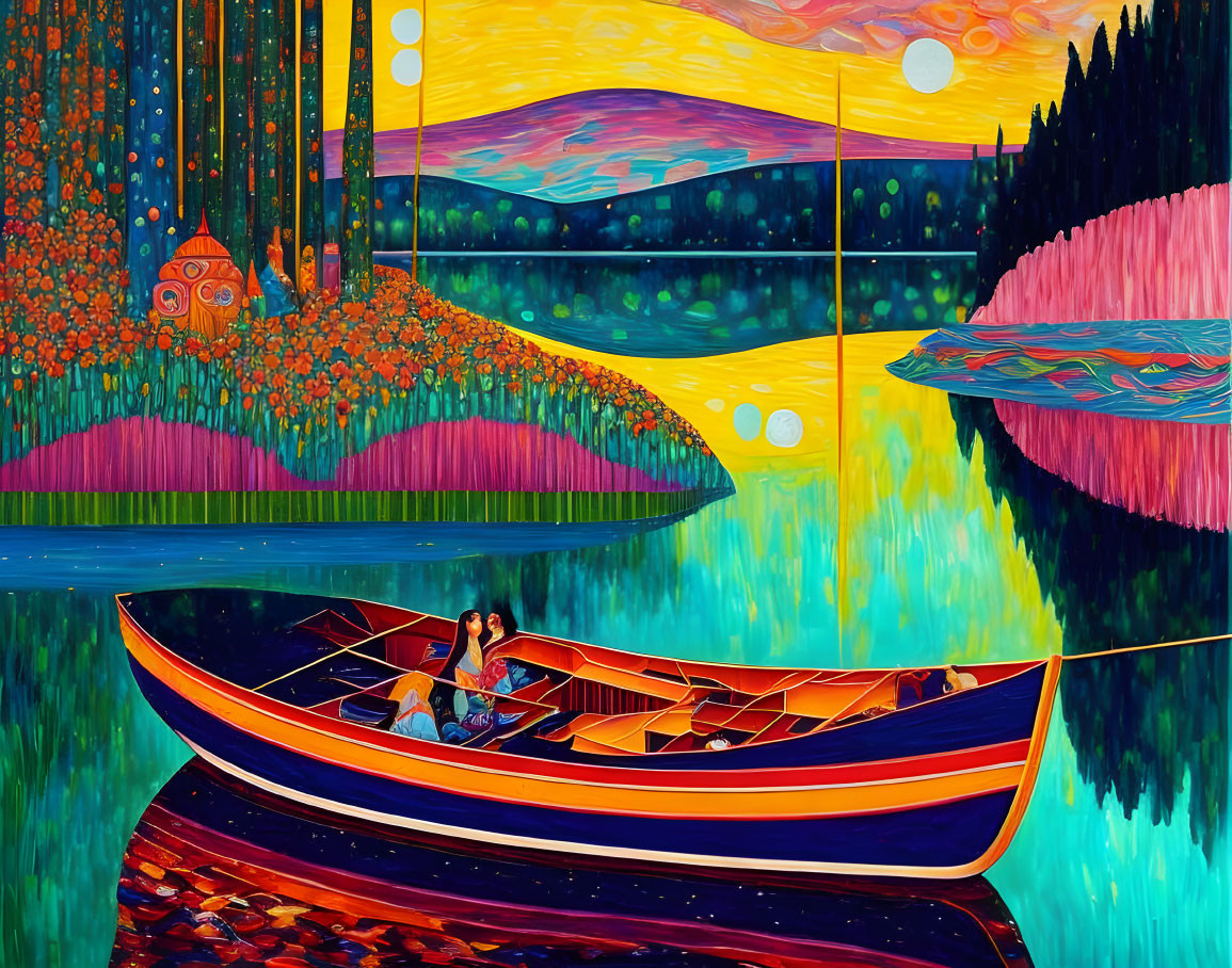 Colorful Painting: Couple in Boat on Psychedelic River