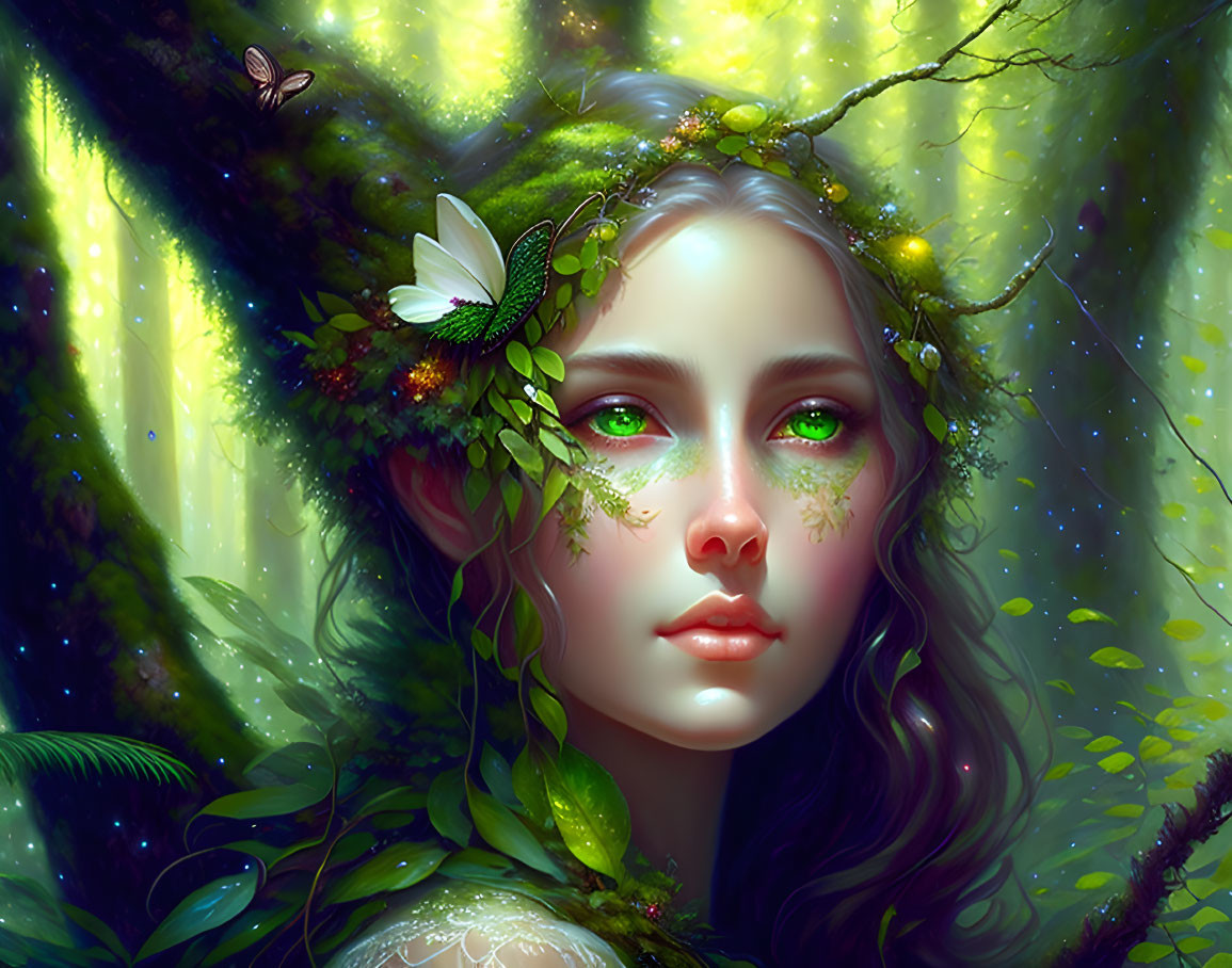 Ethereal artwork of a woman with green eyes in nature with butterfly and sunlight.