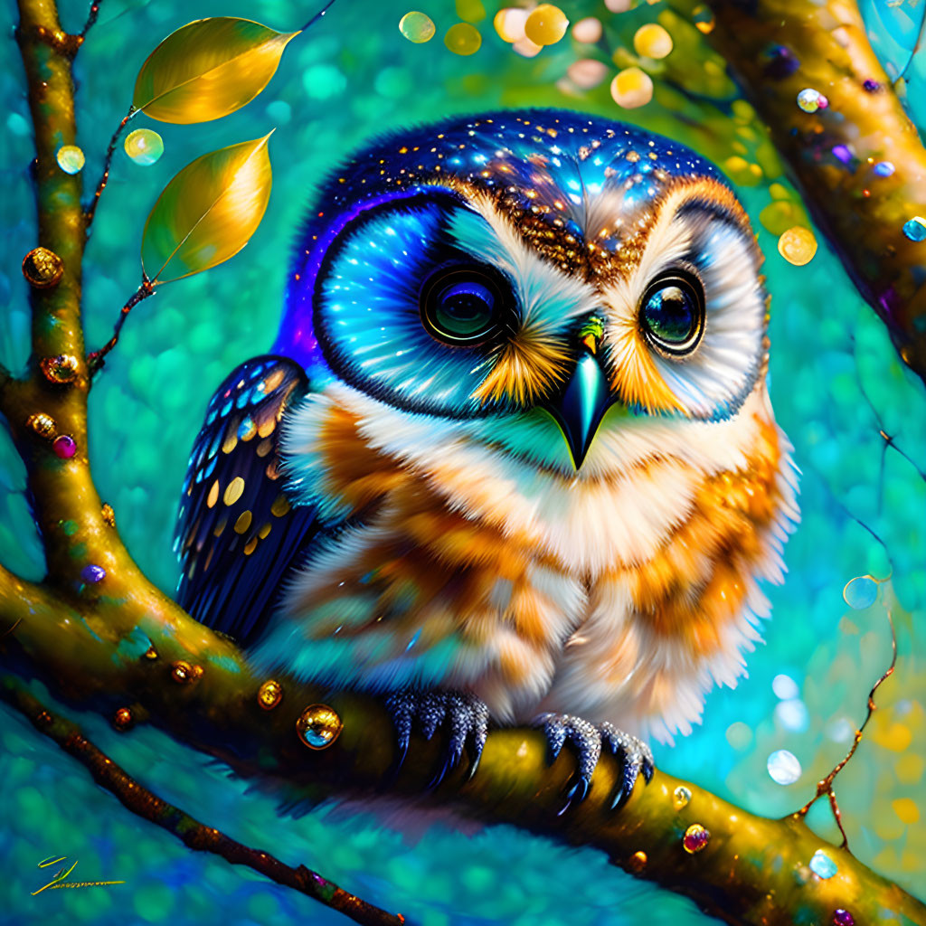 Colorful Owl Perched on Branch with Sparkling Lights and Golden Leaves