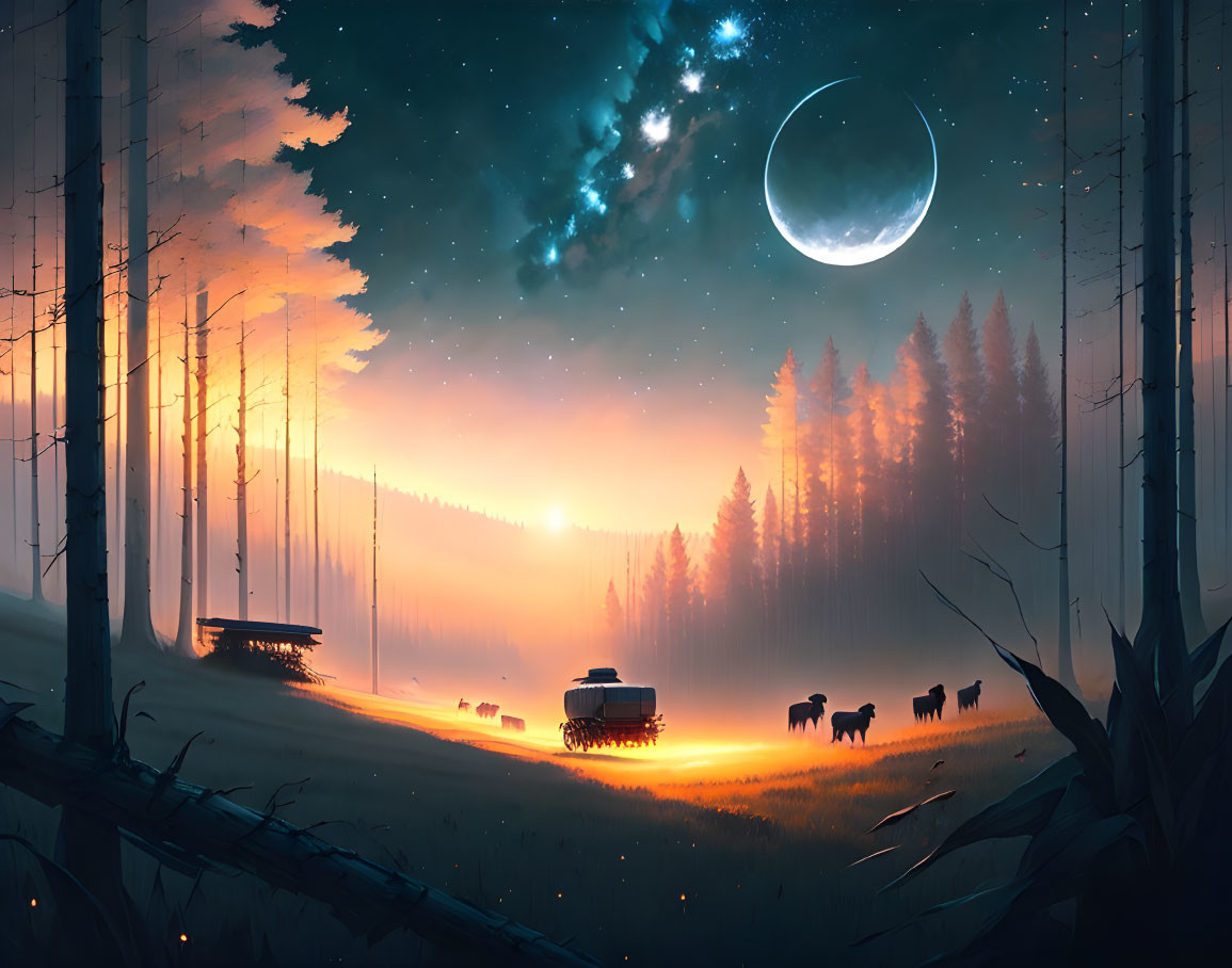 Tranquil forest dusk scene with wagon, cattle, and starry sky