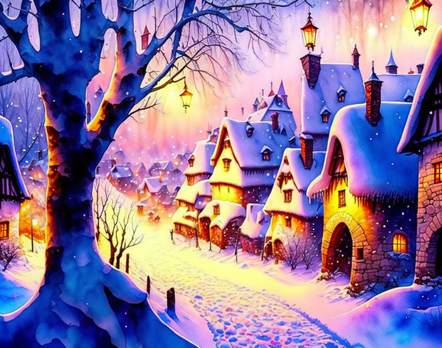 Snowy village scene at dusk with glowing windows and street lamps