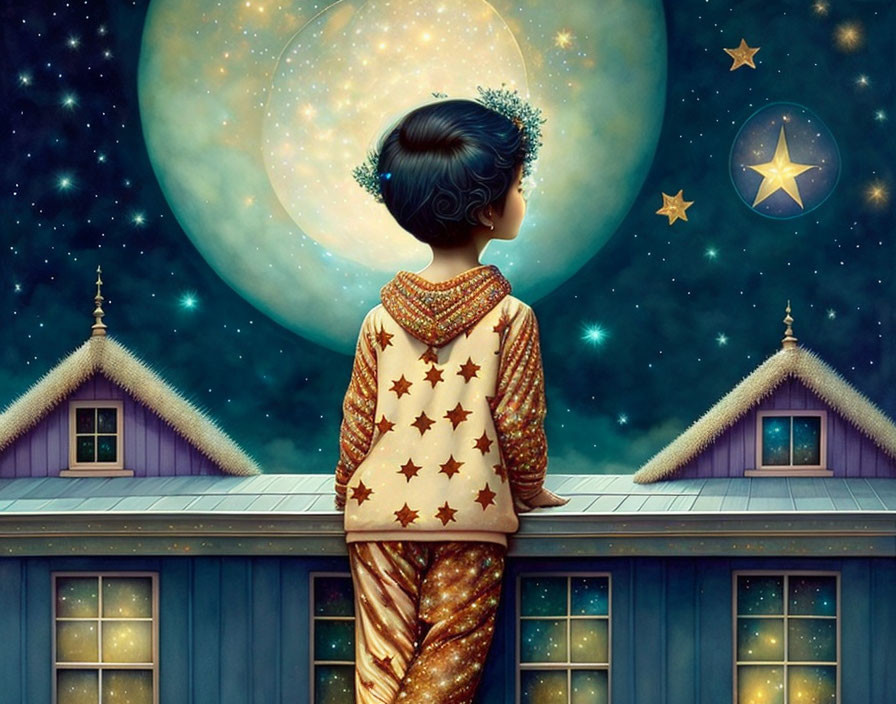 Child in star-patterned pajamas gazes at glowing moon on rooftop