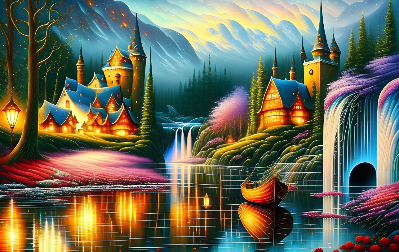 Colorful fantasy landscape with castle, waterfall, boats, and twilight sky