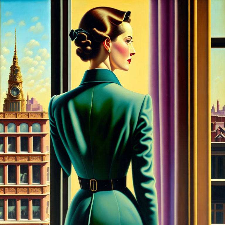 Stylized painting of woman with vintage hairstyle gazing out window at urban buildings