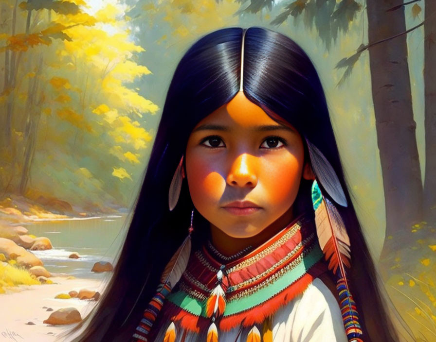 Young girl in traditional indigenous clothing in sunlit autumn forest