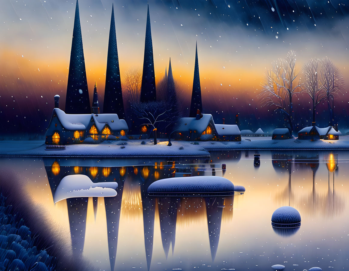 Snow-covered houses, illuminated windows, calm lake, and gentle snowfall in serene winter scene