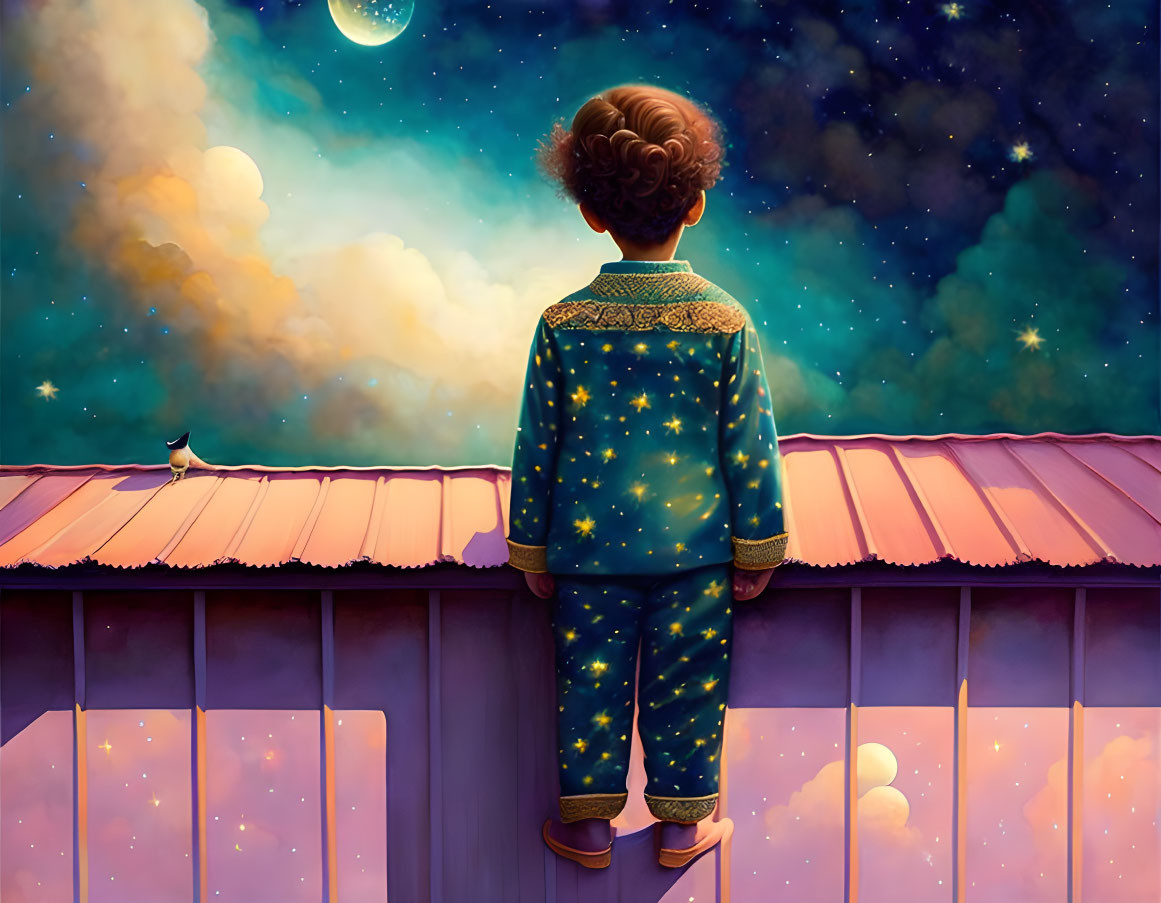 Child in star-patterned pajamas gazes at starry sky from rooftop at night