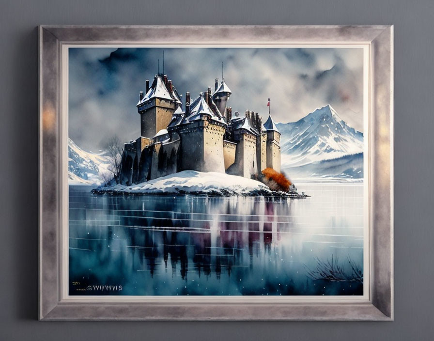 Castle with Multiple Spires in Snowy Landscape by Reflective Lake