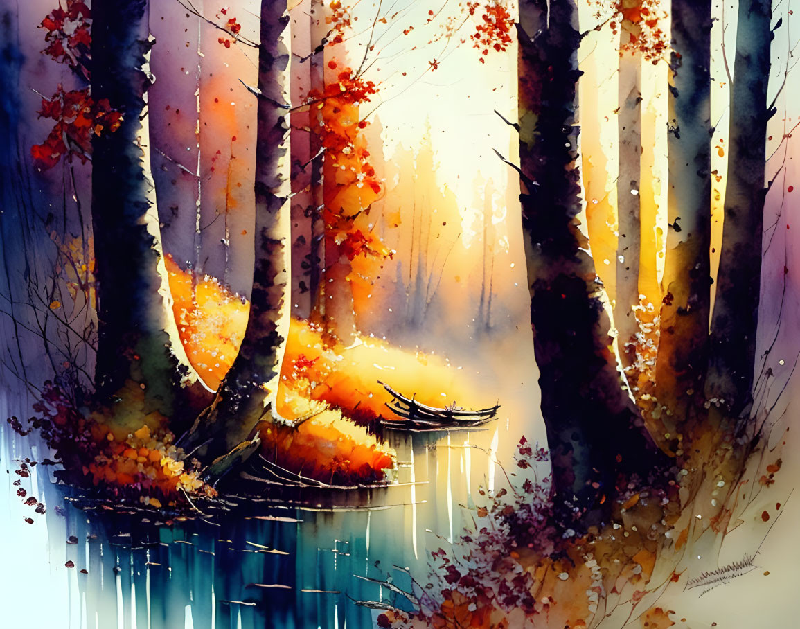 Autumn forest watercolor painting with colorful foliage and tranquil pond