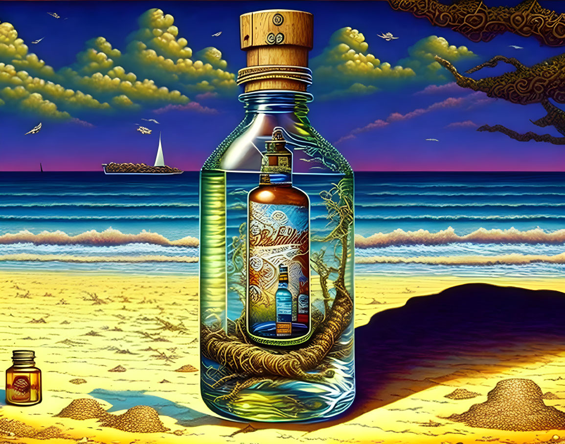 Surreal beach scene with nested bottles on vibrant ocean backdrop