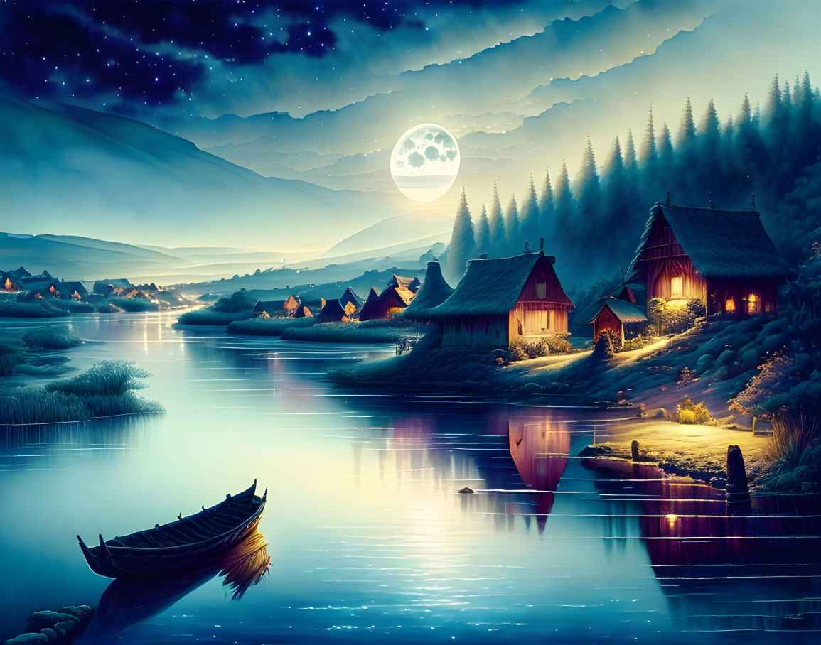 Riverside cottages at night: moonlit sky, starry night, and mountain silhou