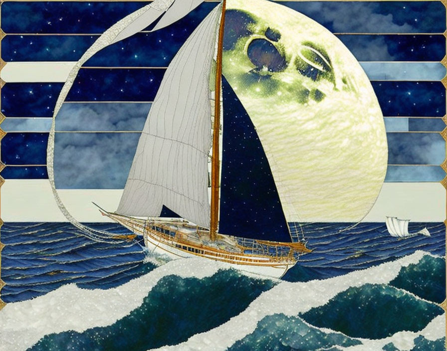 Surreal collage of yacht on choppy sea waves with cosmic backdrop