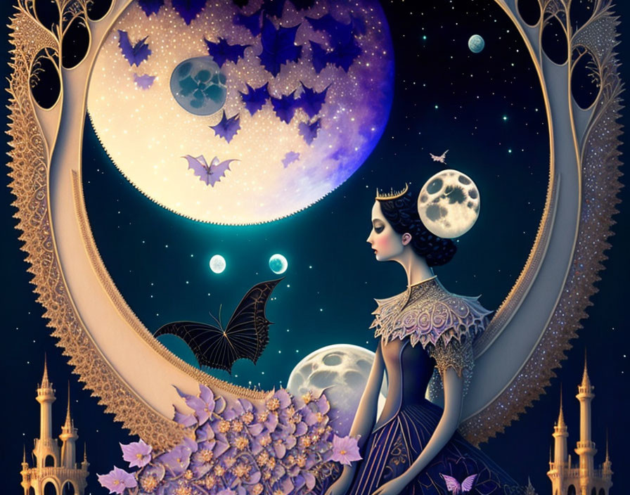 Stylized celestial-themed woman illustration with moons, bat, flowers, and architecture in crescent moon