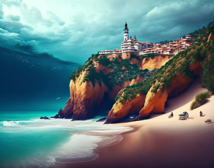 Tranquil beach scene with cliffs, lighthouse, azure waves, and sun loungers