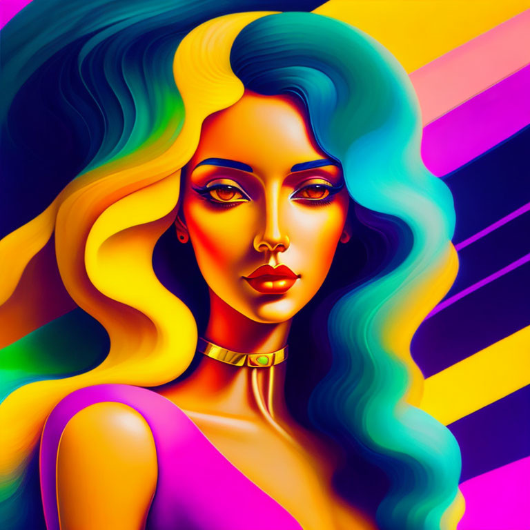 Colorful digital artwork: Woman with blue and yellow hair, golden accessories, purple top, striped background