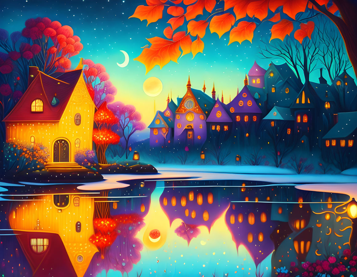 Colorful Nighttime Village Scene with Glowing Houses & Reflective Lake