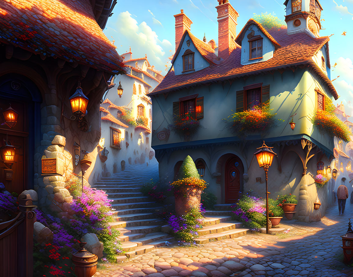 Charming village street at sunset with cobblestone paths, colorful flowers, lanterns, quaint houses