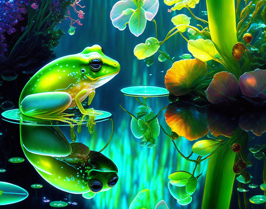 Colorful Digital Artwork: Green Frog on Leaf with Reflection