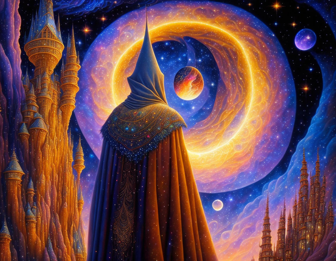 Cloaked figure observing cosmic swirl with planets and golden spired structures