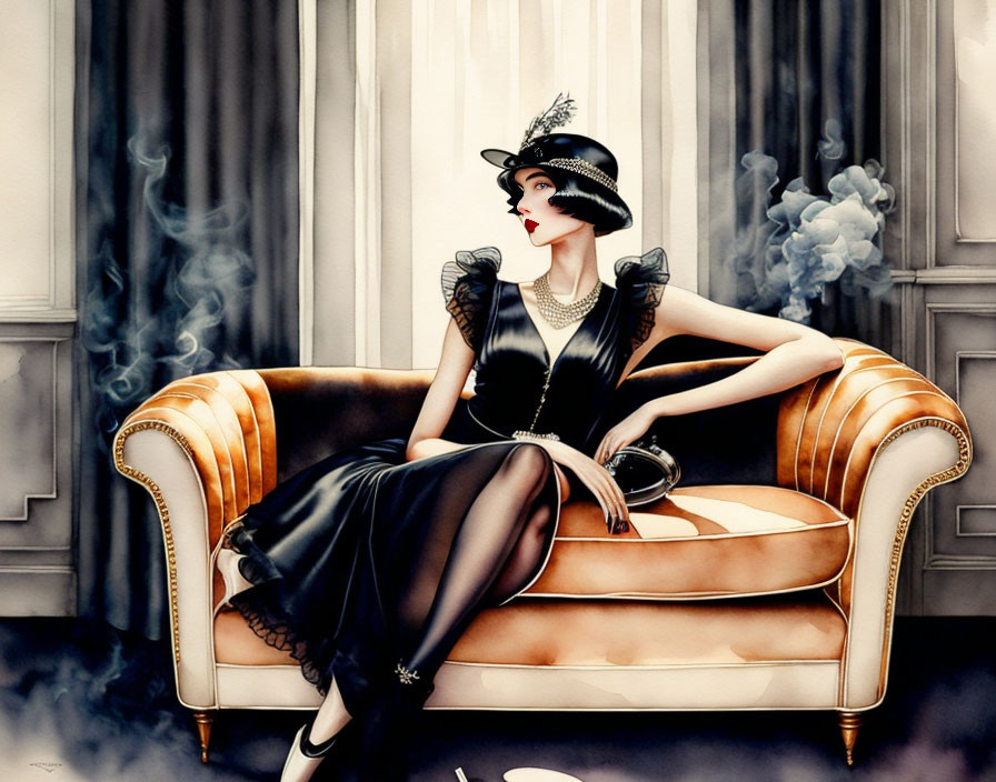 1920s Fashion: Elegant Woman on Plush Sofa with Smoky Ambiance